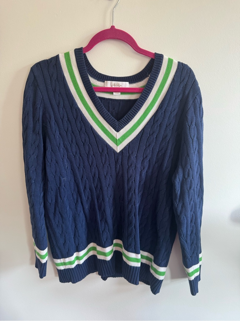Lilly Pulitzer Navy Cable Knit V-Neck Sweater with Green & White Trim